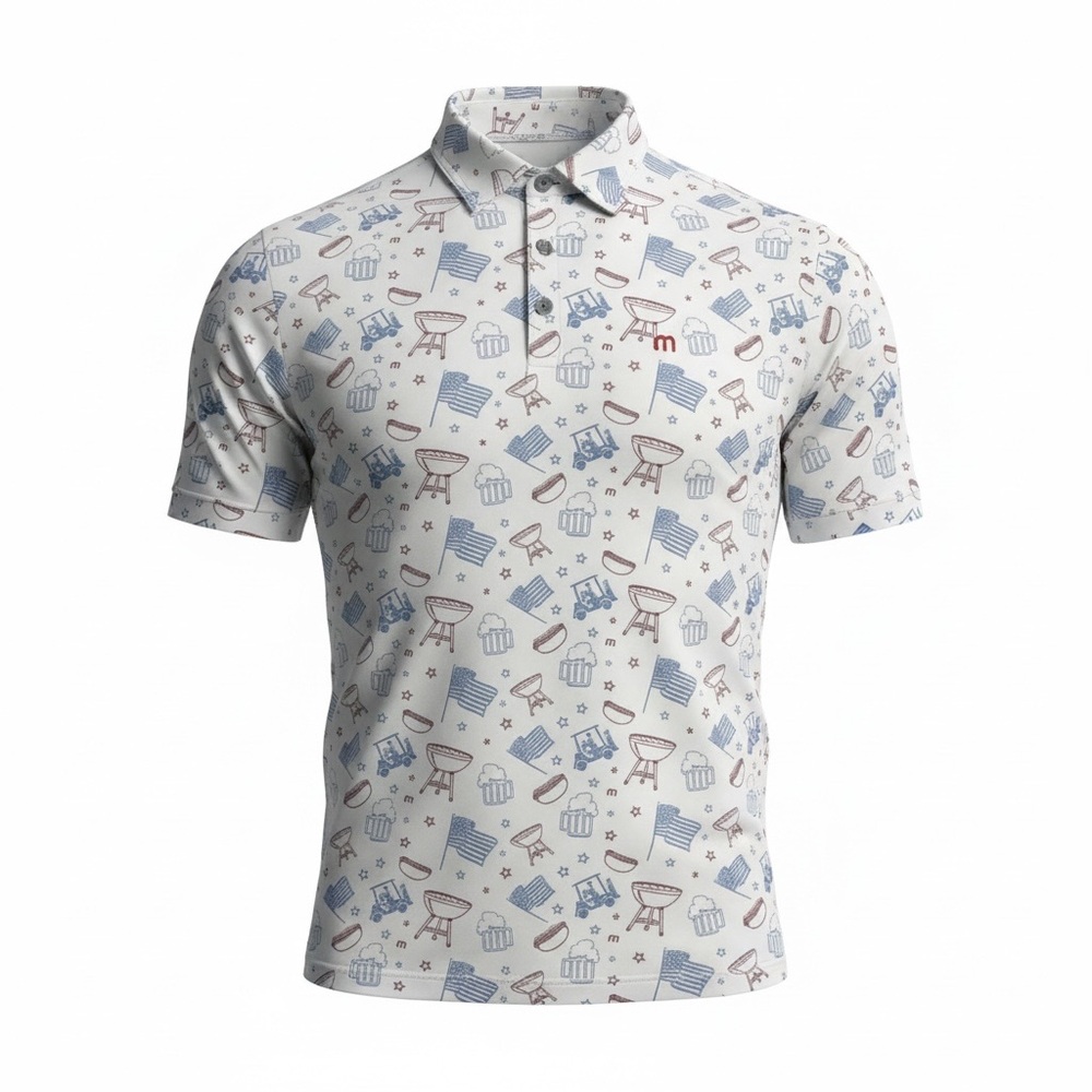 🇺🇸 TravisMathew BBQ Print Polo – XXL – Patriotic Golf Party Shirt